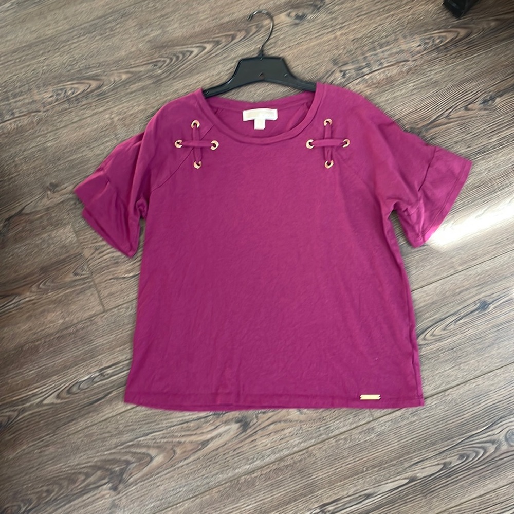 MICHAEL Michael Kors Short Sleeve Eyelet Lace-Up Tee in Berry